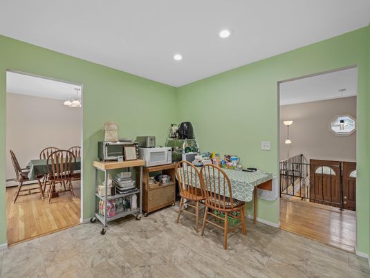 Dining room, Interior, Pendant Lights, Recessed Lighting, Wood Texture Flooring