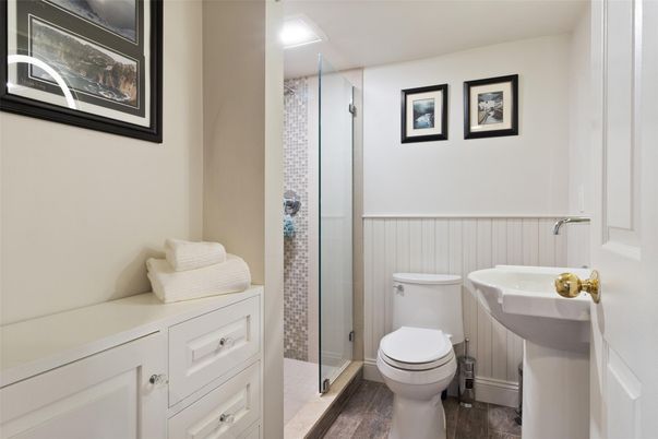 Bathroom, Glass Shower, Interior, Wood Texture Flooring
