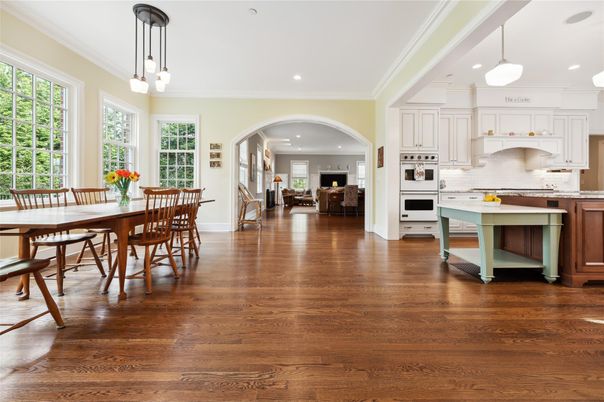 Dining room, Interior, Kitchen, Pendant Lights, Recessed Lighting, Wood Texture Flooring