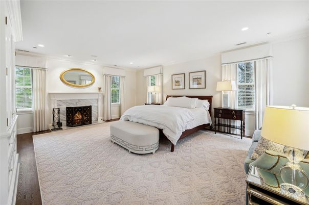 Bedroom, Fireplace, Interior, Recessed Lighting, Wood Texture Flooring