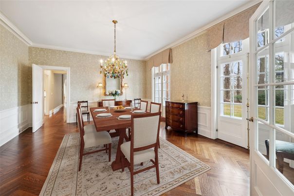 Chandelier, Dining room, Interior, Wood Texture Flooring