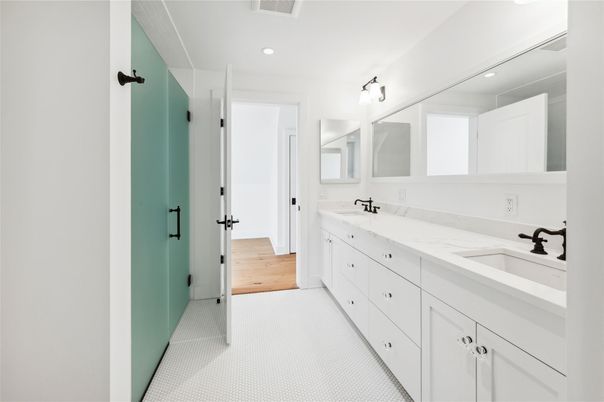 Bathroom, Dual Sink Vanities, Interior, Recessed Lighting, Wood Texture Flooring