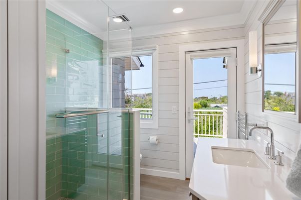 Bathroom, Glass Shower, Interior, Recessed Lighting, Wood Texture Flooring