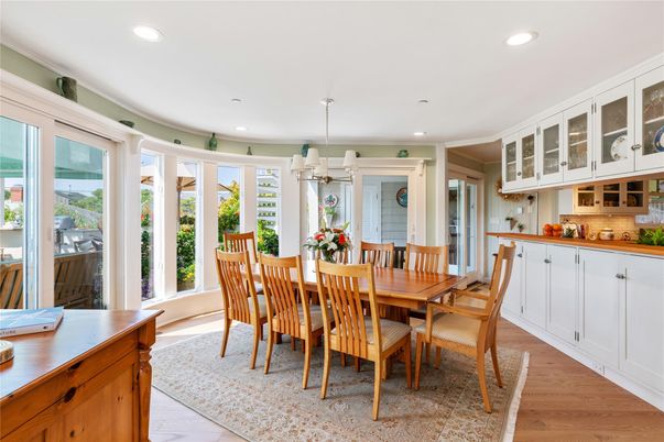 Dining room, Interior, Pendant Lights, Recessed Lighting, Wood Texture Flooring