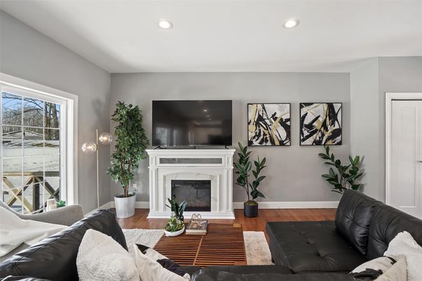 Fireplace, Interior, Living room, Recessed Lighting, Wood Texture Flooring