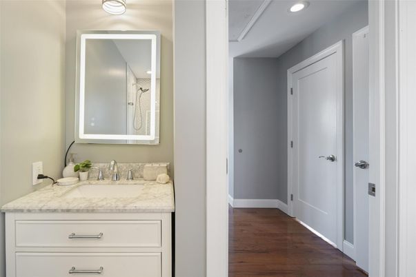 Bathroom, Interior, Recessed Lighting, Wood Texture Flooring