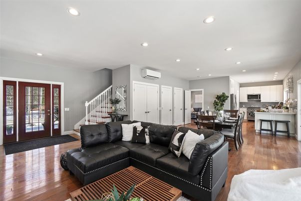 Dining room, Interior, Kitchen, Living room, Recessed Lighting, Wood Texture Flooring