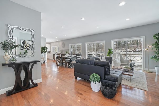 Dining room, Interior, Living room, Recessed Lighting, Wood Texture Flooring