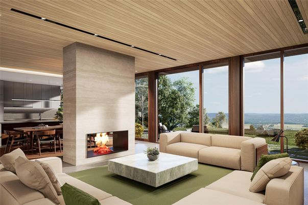 Dining room, Fireplace, Interior, Living room, Water, Wooden Ceilings