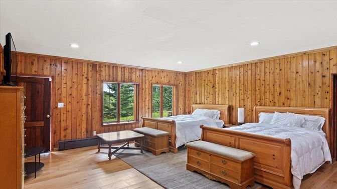 Bedroom, Interior, Recessed Lighting, Wood Texture Flooring, Wooden Walls