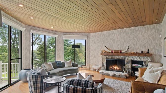 Fireplace, Interior, Living room, Recessed Lighting, Wooden Ceilings