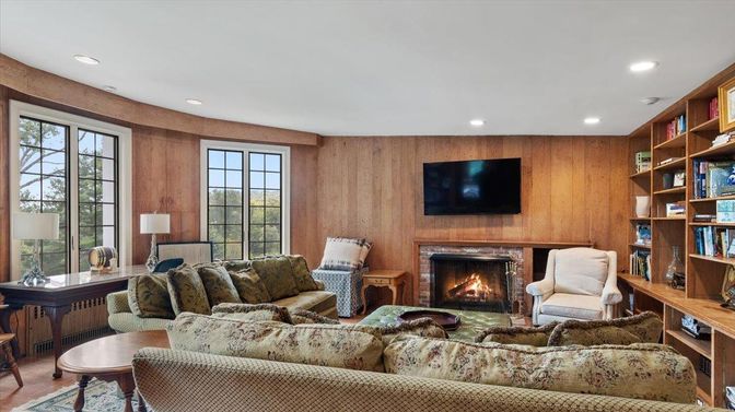 Fireplace, Interior, Living room, Recessed Lighting, Wooden Walls