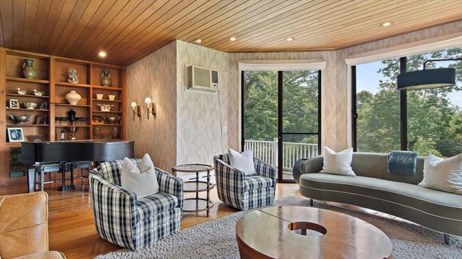 Interior, Living room, Piano, Recessed Lighting, Wooden Ceilings, Wood Texture Flooring, Wooden Walls