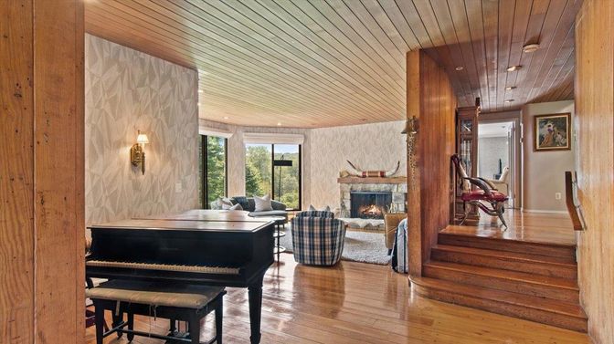 Fireplace, Interior, Living room, Piano, Recessed Lighting, Wooden Ceilings, Wood Texture Flooring, Wooden Walls