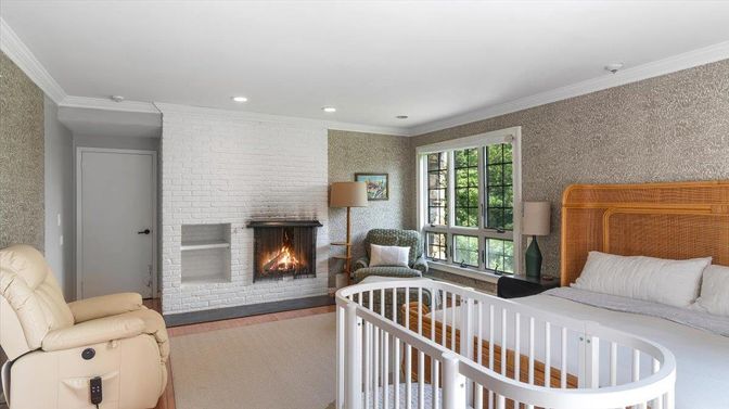 Bedroom, Fireplace, Interior, Recessed Lighting, Stone Walls