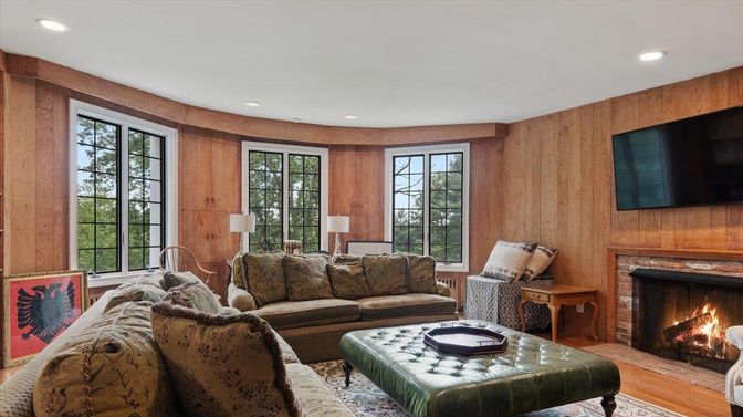 Fireplace, Interior, Living room, Recessed Lighting, Wood Texture Flooring, Wooden Walls