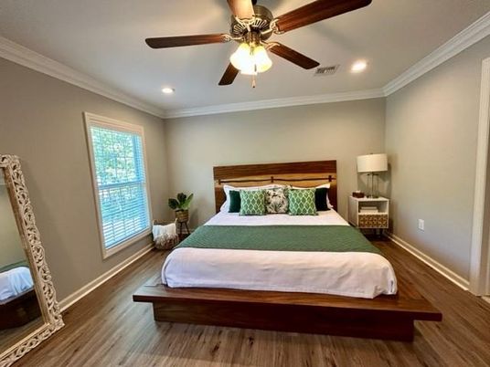 Bedroom, Interior, Recessed Lighting, Wood Texture Flooring