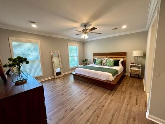Bedroom, Interior, Recessed Lighting, Wood Texture Flooring