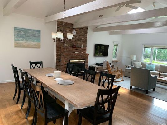 Dining room, Fireplace, Interior, Living room, Pendant Lights, Stone Walls, Wooden Beams, Wood Texture Flooring
