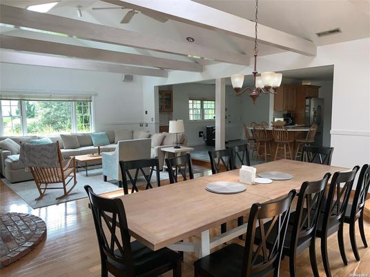 Chandelier, Dining room, Interior, Kitchen, Living room, Pendant Lights, Recessed Lighting, Wood Texture Flooring