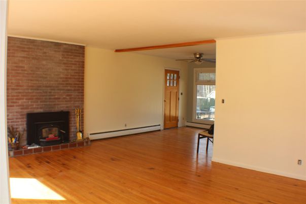 Empty room, Fireplace, Interior, Stone Walls, Wood Texture Flooring