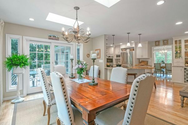 Chandelier, Dining room, Interior, Kitchen, Pendant Lights, Recessed Lighting, Stainless Steel Appliances, Wood Texture Flooring