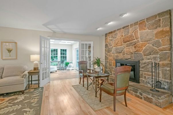 Dining room, Fireplace, Interior, Stone Walls, Wood Texture Flooring