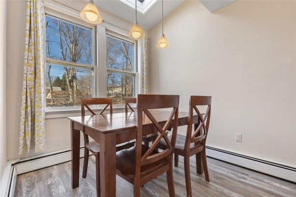 Dining room, Interior, Pendant Lights, Wood Texture Flooring