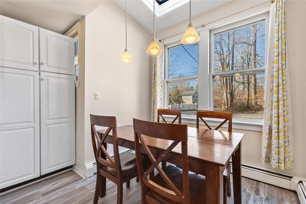 Dining room, Interior, Pendant Lights, Wood Texture Flooring