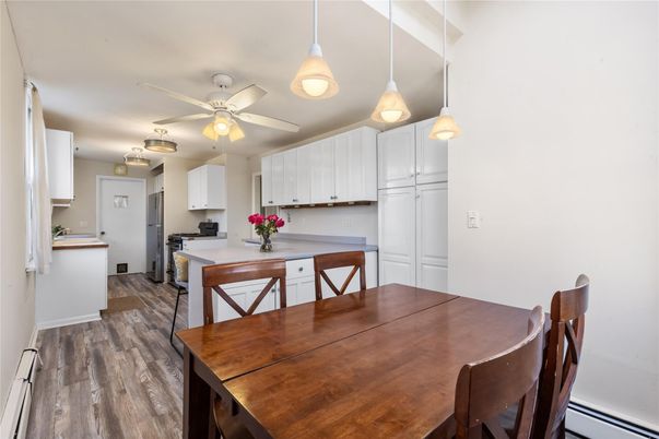 Dining room, Interior, Kitchen, Pendant Lights, Wood Texture Flooring