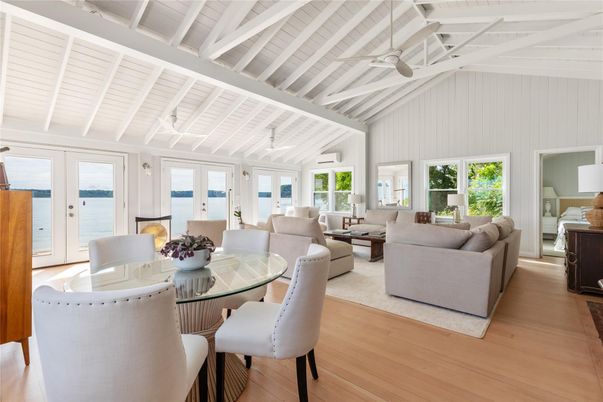 Dining room, Fireplace, Interior, Living room, Water, Wood Texture Flooring