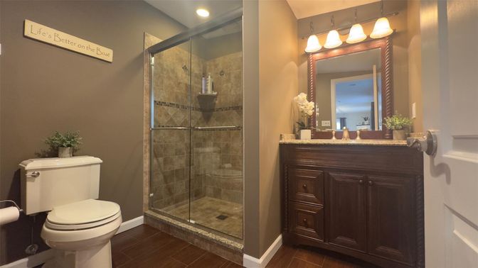 Bathroom, Glass Shower, Interior, Recessed Lighting, Wood Texture Flooring