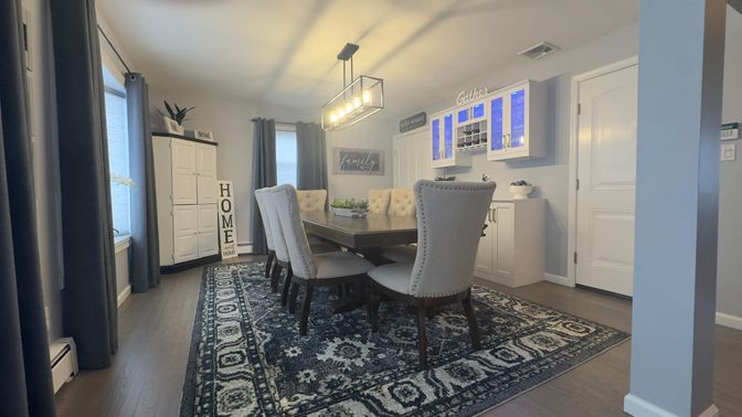 Dining room, Interior, Pendant Lights, Wood Texture Flooring