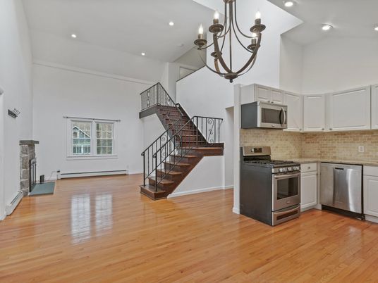 Chandelier, Interior, Kitchen, Recessed Lighting, Stainless Steel Appliances, Wood Texture Flooring