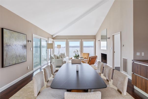 Dining room, Fireplace, Interior, Living room, Water, Wood Texture Flooring
