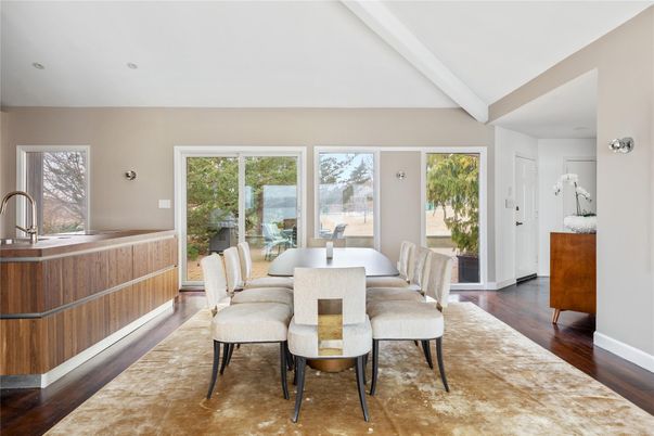 Dining room, Interior, Recessed Lighting, Wood Texture Flooring
