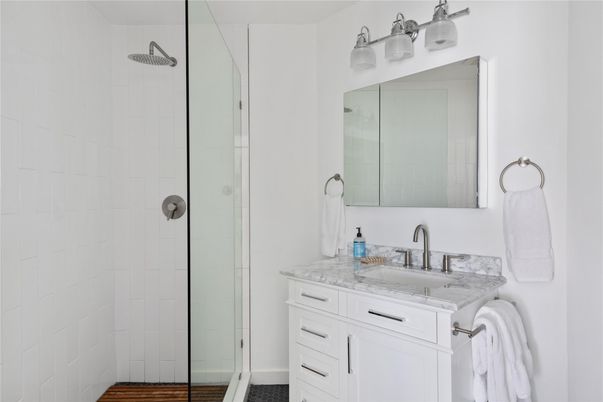 Bathroom, Glass Shower, Interior, Wood Texture Flooring