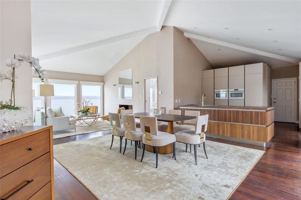 Dining room, Interior, Kitchen, Living room, Recessed Lighting, Stainless Steel Appliances, Wood Texture Flooring