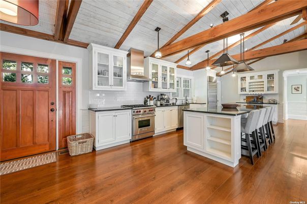 Interior, Kitchen, Pendant Lights, Stainless Steel Appliances, Wooden Beams, Wood Texture Flooring