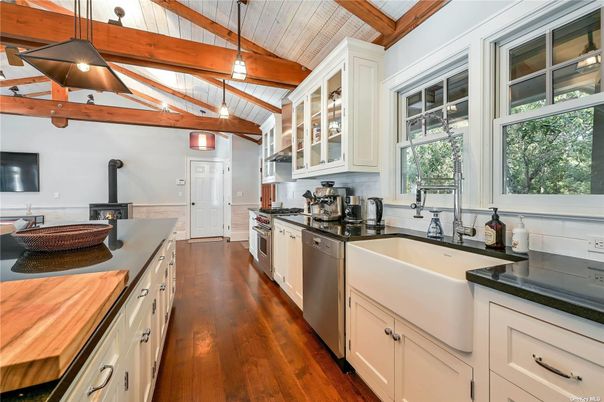 Fireplace, Interior, Kitchen, Pendant Lights, Wooden Beams, Wood Texture Flooring