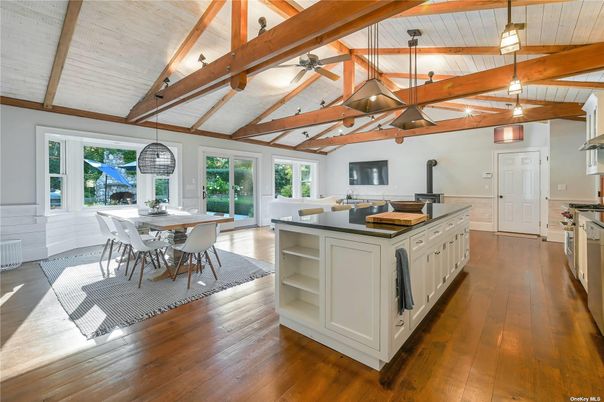 Dining room, Interior, Kitchen, Pendant Lights, Wooden Beams, Wood Texture Flooring