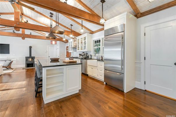 Interior, Kitchen, Pendant Lights, Stainless Steel Appliances, Wooden Beams, Wood Texture Flooring