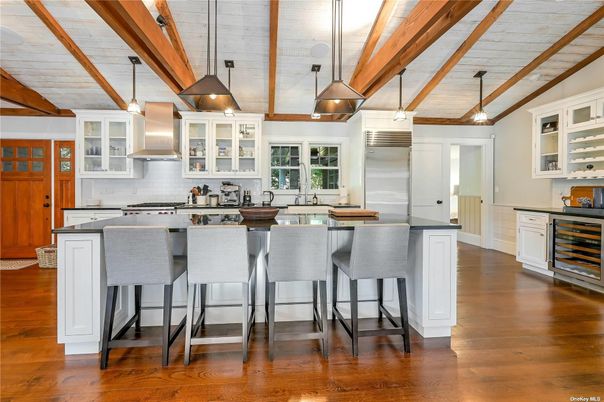Interior, Kitchen, Pendant Lights, Stainless Steel Appliances, Wooden Beams, Wood Texture Flooring