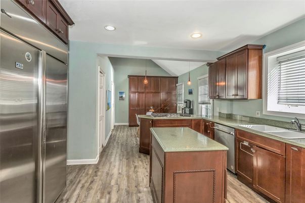Interior, Kitchen, Pendant Lights, Recessed Lighting, Stainless Steel Appliances, Wood Texture Flooring