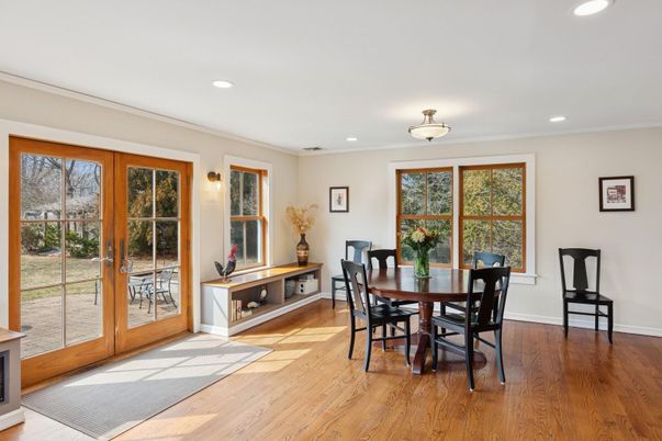 Dining room, Interior, Recessed Lighting, Wood Texture Flooring