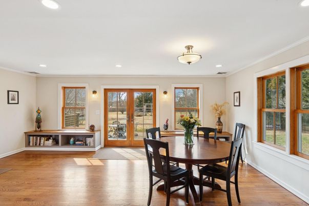 Dining room, Interior, Recessed Lighting, Wood Texture Flooring
