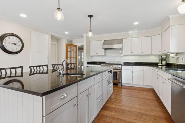 Interior, Kitchen, Pendant Lights, Recessed Lighting, Stainless Steel Appliances, Wood Texture Flooring