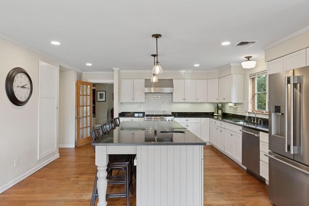Interior, Kitchen, Pendant Lights, Recessed Lighting, Stainless Steel Appliances, Wood Texture Flooring