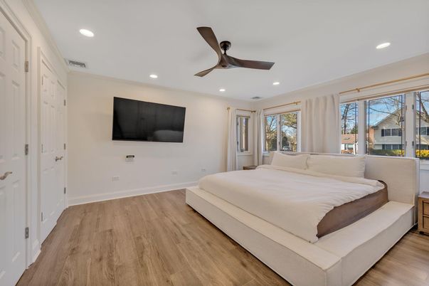 Bedroom, Interior, Recessed Lighting, Wood Texture Flooring
