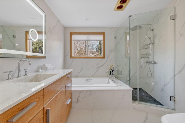 Bathroom, Glass Shower, Interior, Marble, Marble Walls, Recessed Lighting